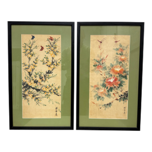 Vietnamese Vintage Watercolor & Ink Floral Paintings, Pair