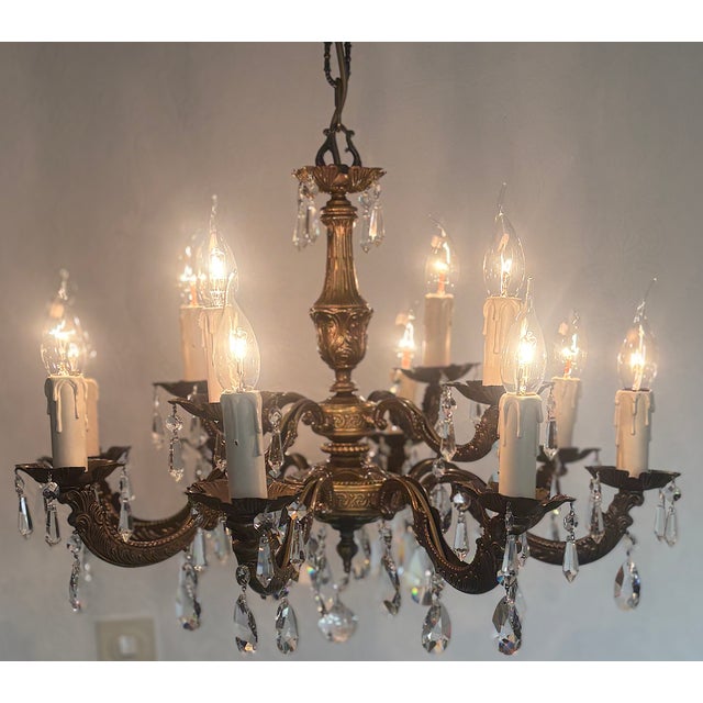 Vintage French Brass and Lead Crystal Chandelier, 1950s For Sale - Image 12 of 14