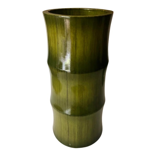 Mid 20th Century Avocado Green Bamboo Wood Vase For Sale
