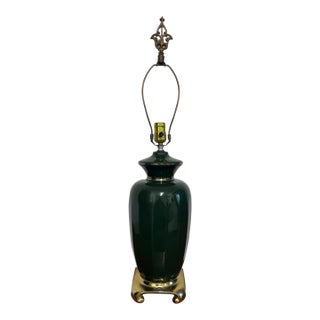 Mid 20th Century Hollywood Regency Green Ceramic Table Lamp Brass Base Vintage 30” Tall For Sale