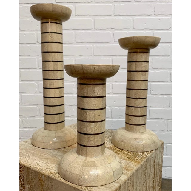Tessellated Stone and Brass Candlesticks - Set of 3 For Sale - Image 13 of 13