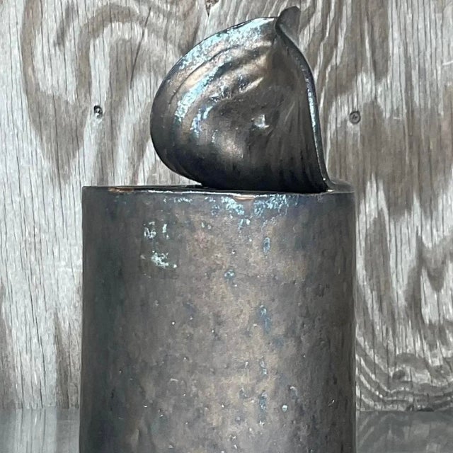 Vintage Brutalist Sculptural Black Studio Pottery Vase For Sale - Image 9 of 13