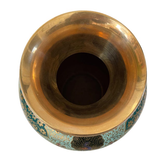 Hand Painted Brass Vase With Floral and Peacock Motif. 9.5” Tall Chairish