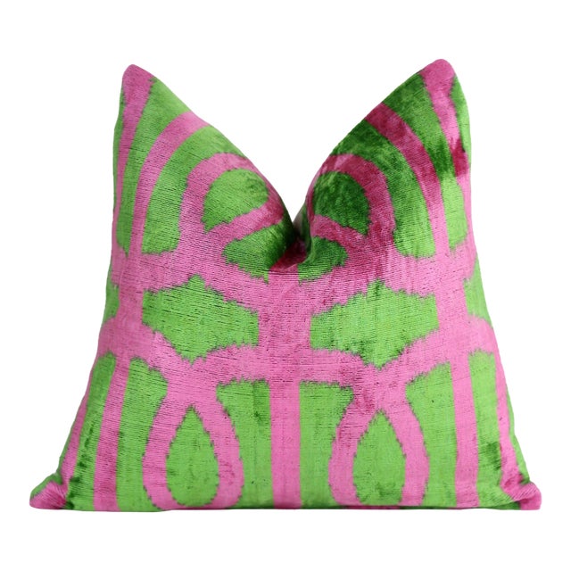 Handmade 16x16 Velvet Pillow – Pink & Green Geometric Design For Sale