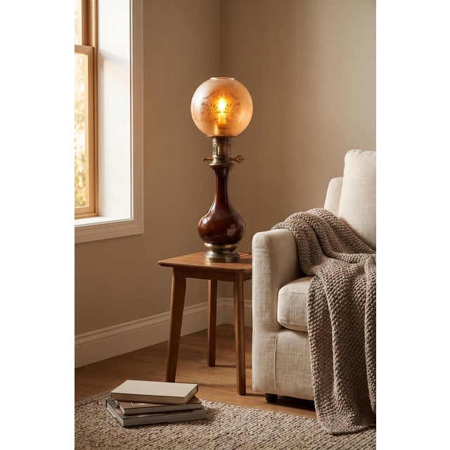 Amber-Brown Glass and Brass Table Lamp with Etched Glass Globe, 1950s For Sale - Image 6 of 18
