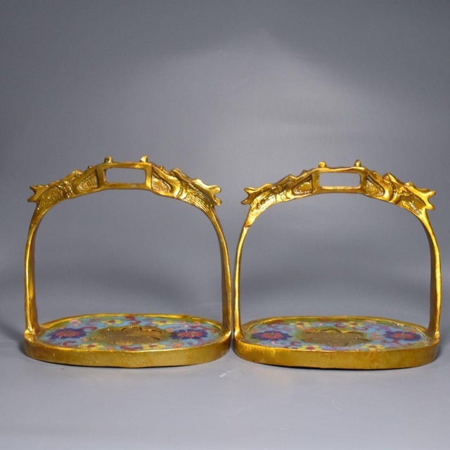 Asian Pair of Antique Cloisonné Enamel Stirrups With Dragon Motif, 1.12kg For Sale - Image 3 of 9