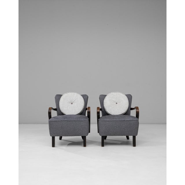 Art Deco 1940s Czech Art Deco Upholstered Armchairs With Round Pillows - A Pair For Sale - Image 3 of 18