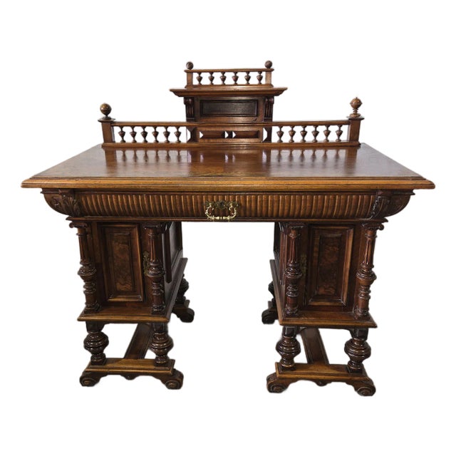 Antique Renaissance Revival Burl Walnut Writing Desk With Gallery Rail For Sale