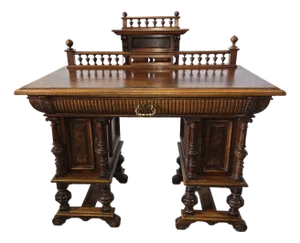 Antique Renaissance Revival Burl Walnut Writing Desk With Gallery Rail