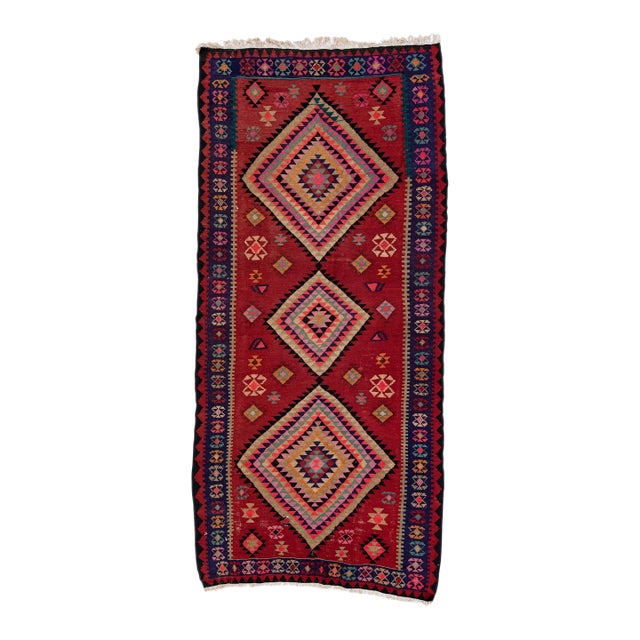 Mid-20th Century Turkish Kilim Red Handmade Tribal Wool Rug For Sale