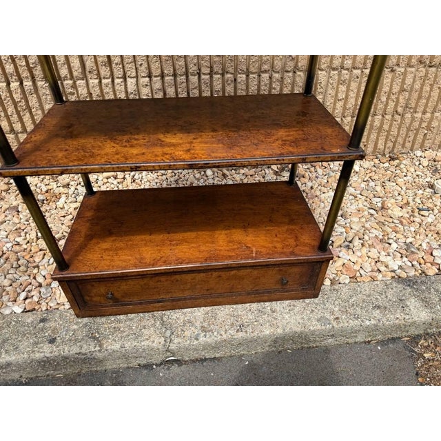 Vintage Hollywood Regency Style Brass Frame Burled Wooden Shelves Bookcase Etagere For Sale - Image 17 of 17