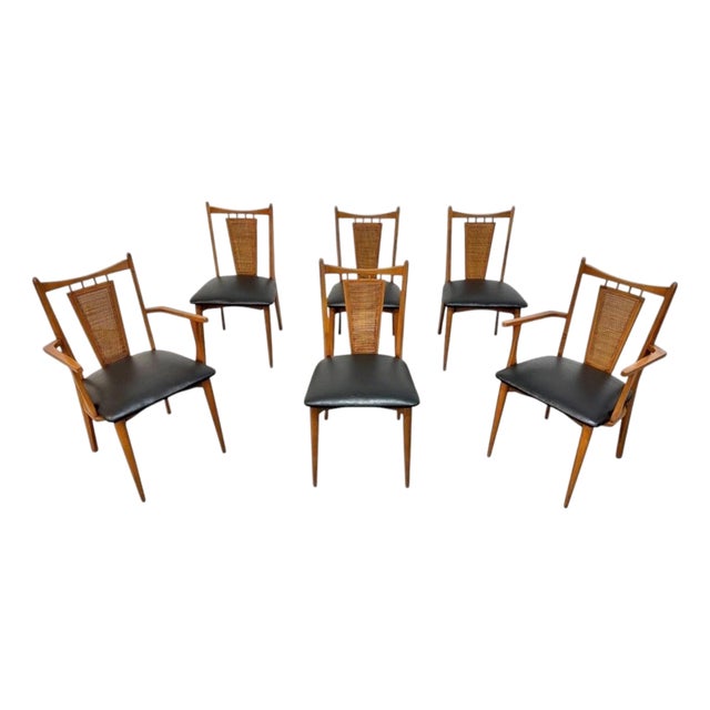 Mid-Century Modern Walnut Cane Back Dining Chairs - Set of 6 For Sale