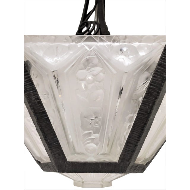 Metal Early 20th Century French Art Deco Hand Forged Iron + Glass Chandelier With Scroll + Flowers by Verrerie Des Hanots For Sale - Image 7 of 12