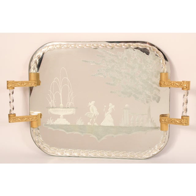 Venetian glass molded and etched glass tray with gilt metal handles, circa 1980.