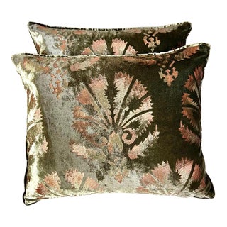 Pair of Nomi Silk Velvet Olive Pillows W/ Metallic Stenciling For Sale