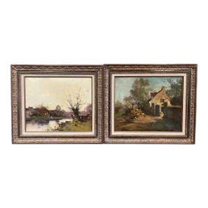 Pair 19th Century Oil Paintings in Gilt Frame Signed Lievin for E. Galien-Laloue