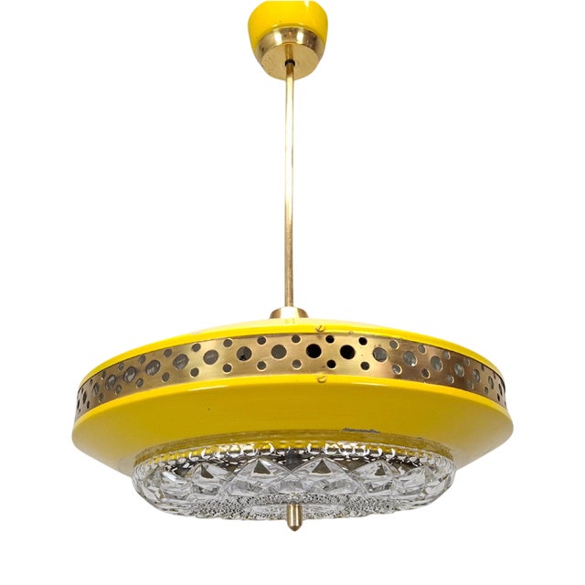 Mid-Century Modern Pendant Lamp in Yellow Metal with Brass and Glass, 1970s For Sale