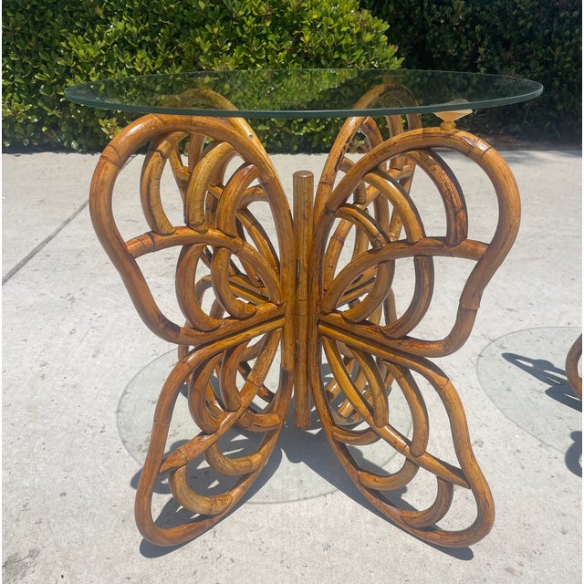 Wood Vintage Rattan Butterfly Side Tables, a Pair of Boho-Chic Gems For Sale - Image 7 of 11