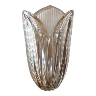 Vintage Frosted & Etched Crystal Vase With Scalloped Edge, Made in Poland For Sale
