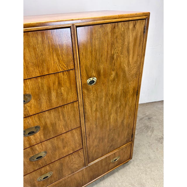 Wood Vintage Drexel Mid Century Modern / Campaign “Passage” Collection Campaign Tall Dresser Chest of Drawers/Armoire For Sale - Image 7 of 12