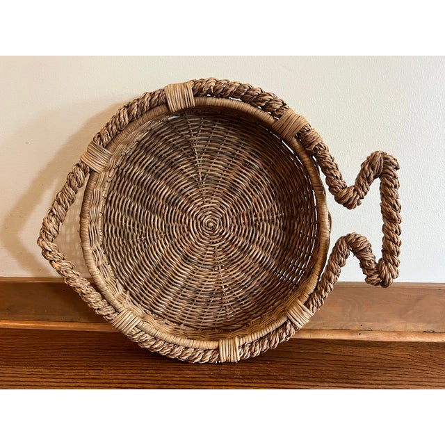 Wood Vintage Woven Wicker Rattan Fish-Shaped Decorative Basket Tray For Sale - Image 7 of 14