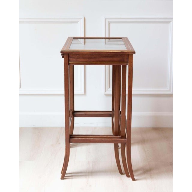 Set of Three Mahogany Nesting Tables with Glass Tops, France, Mid-20th Century For Sale - Image 4 of 17