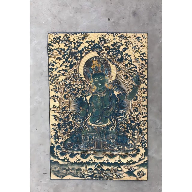Mid 20th Century Xizang Embroidery and Brocade Thangka Buddha Painting - Wrathful Deity Protector Wall Art - Hand Painted Buddhist Sacred Scroll For Sale - Image 4 of 7