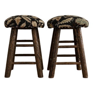 1990s Rustic Log Wood Bar Stools Set of 2 25" Cabin Lodge Style Heavy Solid For Sale