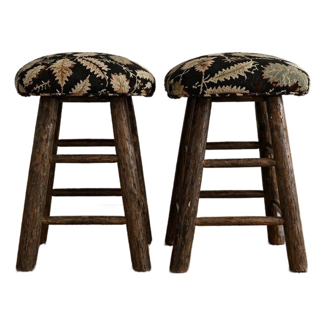 1990s Rustic Log Wood Bar Stools Set of 2 25" Cabin Lodge Style Heavy Solid For Sale