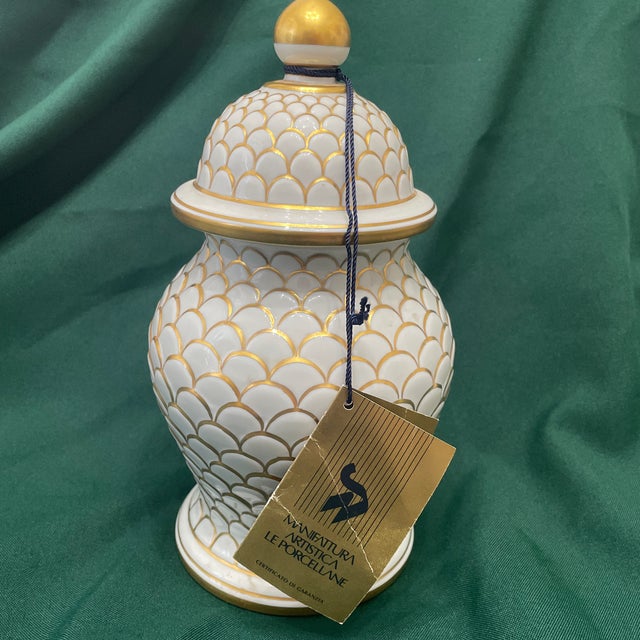 This exquisite vintage Le Porcellane Italian Porcelain hand painted gold fish scale price jar is a rare, stunning ,...