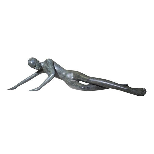 Patricia Peeters, Monumental Reclining Female Nude in Green Patinate, 1980, Bronze For Sale