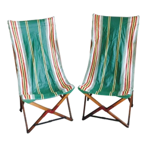 Mid Century Wood Folding Deck Beach Chairs Original Vinyl Sling - Pair