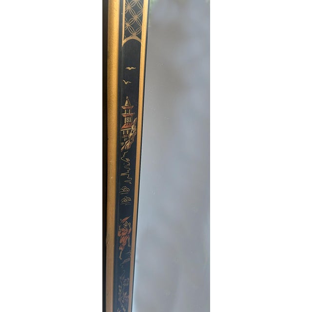 1970's Drexel Heritage Chinoiserie Black and Gold Hand Painted Wall Mirror For Sale In Houston - Image 6 of 14