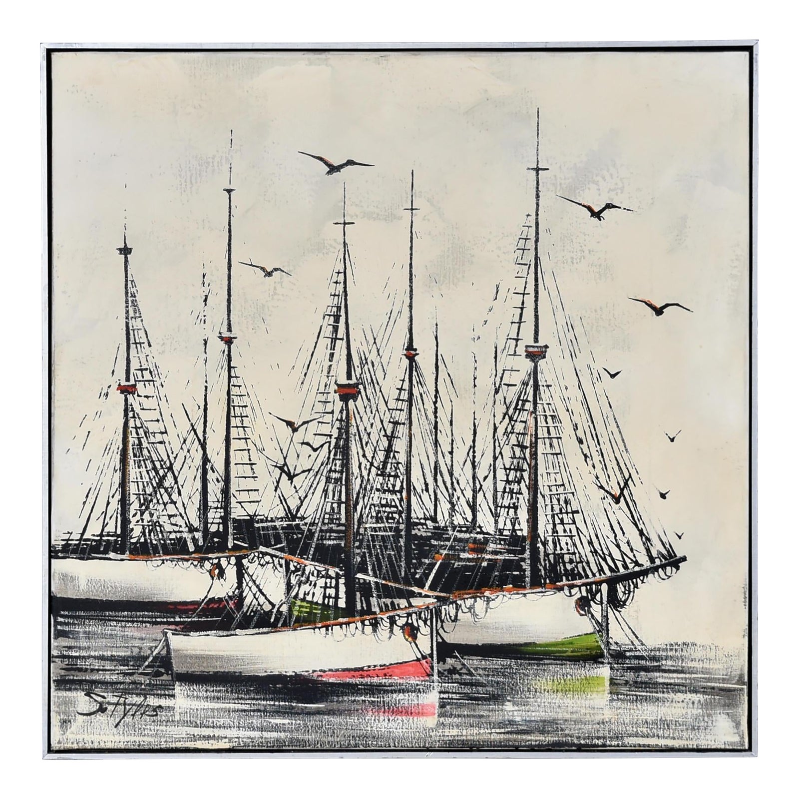 Mid-Century Modern Black and Cream Nautical Sailboat Painting by R ...
