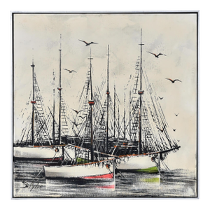 Mid-Century Modern Black and Cream Nautical Sailboat Painting by R. Styles