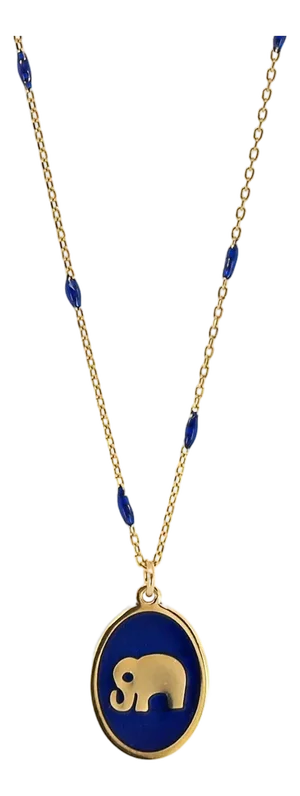 Lucky Elephant Pendant Blue Enamel & Gold Chain Necklace