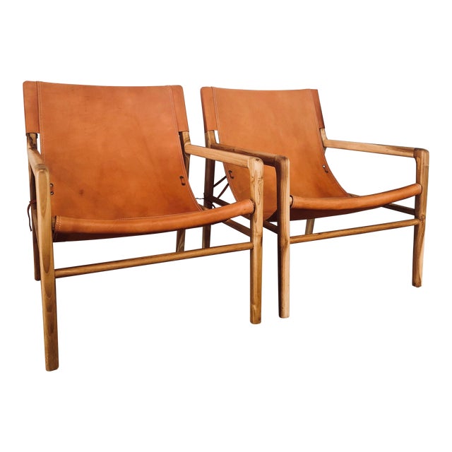 Contemporary Leather SafariStyle Slingback Chairs a Pair Chairish