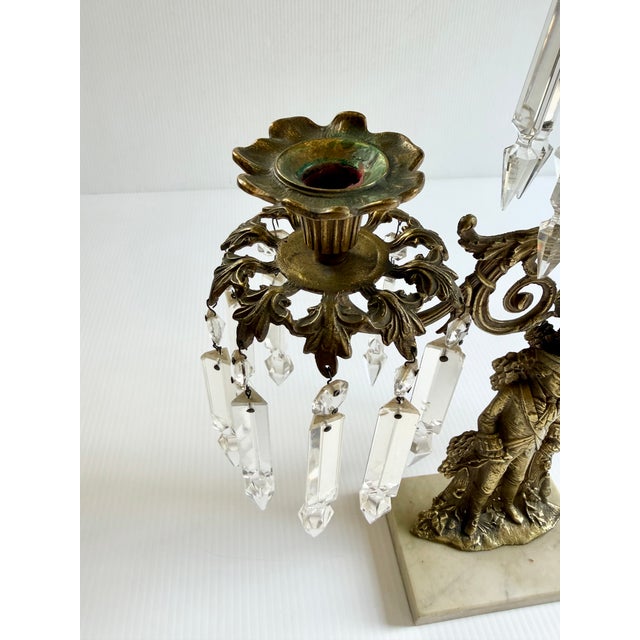 Antique Brass Soldier Victorian 3 Arm Girandole Candlestick With Marble Base & Prisms For Sale - Image 4 of 17
