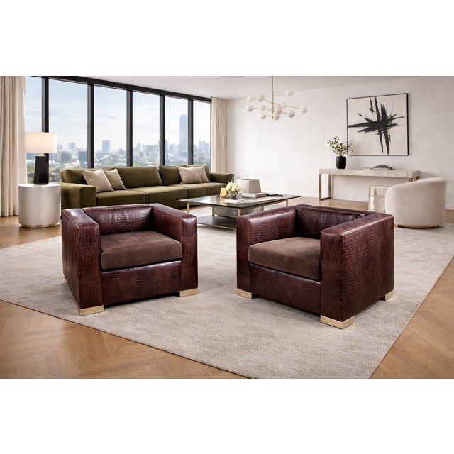 Pair of Sculptural Crocodile-Embossed Leather Club Chairs w/ Metal Plinth Bases dimensions : 33"W x 26"H x 30' D x seat H...