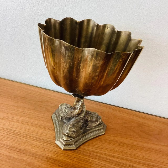 1960s Vintage Brass Antique Dolphin Base Fluted Centerpiece Bowl For Sale - Image 5 of 7