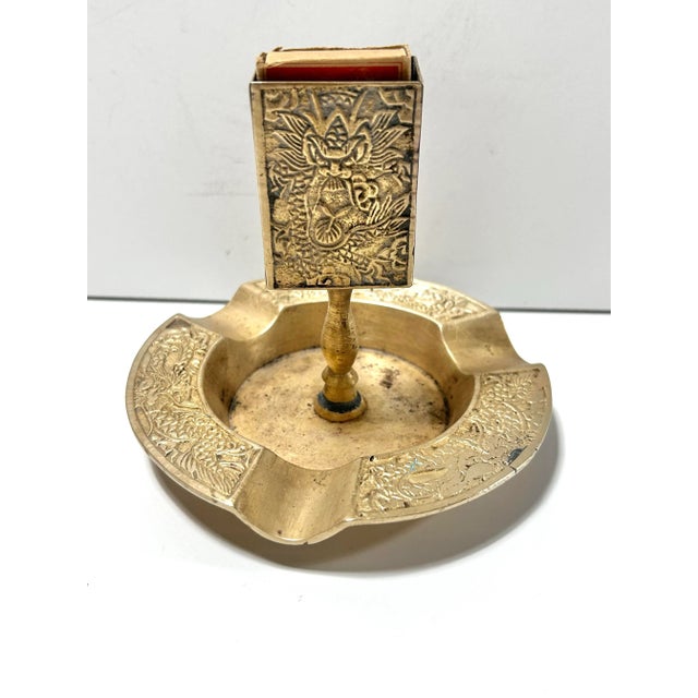 Chinoiserie Vintage Brass Dragon Ashtray Catchall Tray – Asian Relief Match Holder For Sale - Image 3 of 6