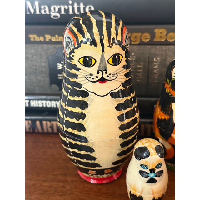 Hand-Painted Folk Art Cat and Mouse Nesting Dolls - Set of 5 For Sale - Image 4 of 11