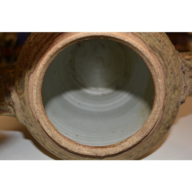 Studio Art Pottery Large Brown/Tan Cannister Container With Carved Face / Handles & Lid For Sale - Image 11 of 14