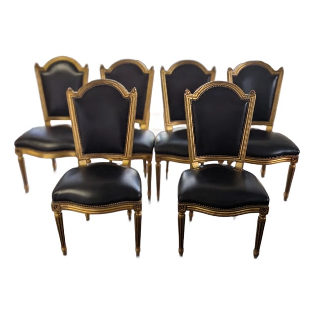 Set of 6 Antique 19th Century French Louis XVI Giltwood & Black Leather Dining Chairs For Sale