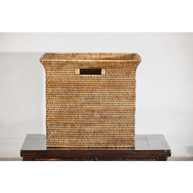 Wood Square Country Style Vintage Rattan Storage Box with Integrated Side Handles For Sale - Image 7 of 18