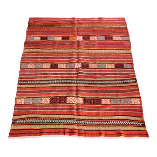 1970s Handmade Tribal Vivid Tones Kilim Rug - 7'10x4' For Sale