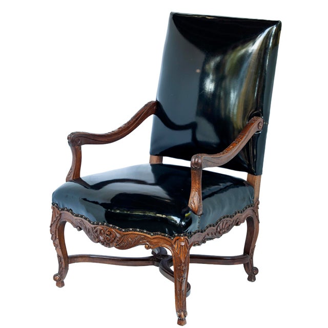 A Unique Vintage Black Patent Leather Side Chair. A French Wood frame with metal tack head detail. Bring a little glamour...