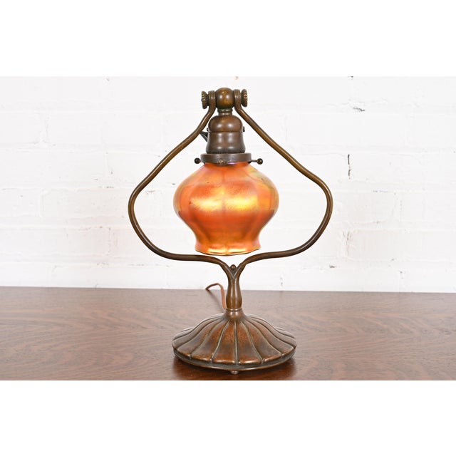 Tiffany Studios New York Bronze Harp Favrile Iridescent Art Glass Desk Lamp For Sale - Image 12 of 12