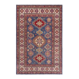 Rustic Kazak Southwestern Light Blue Wool Rug - 4'2''x6'0'' For Sale