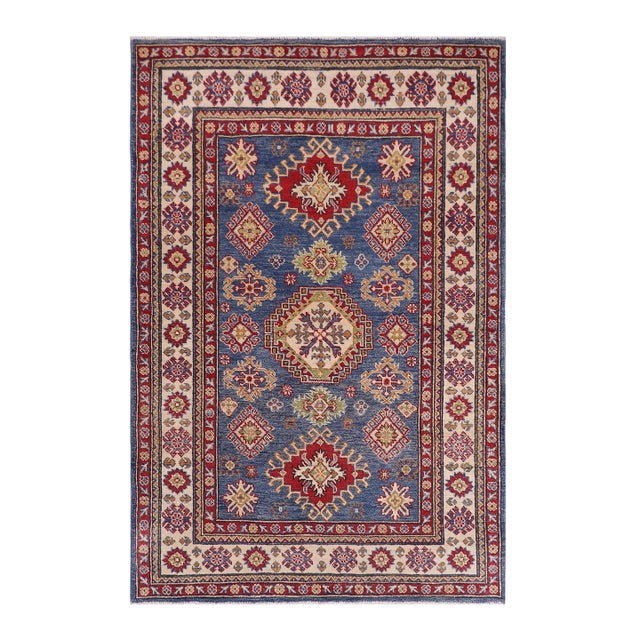 Rustic Kazak Southwestern Light Blue Wool Rug - 4'2''x6'0'' For Sale